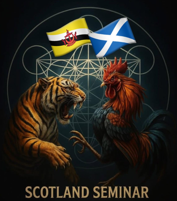 SSBD Silat Scotland Seminar poster, Brunei and Scotland flags with tiger and rooster
